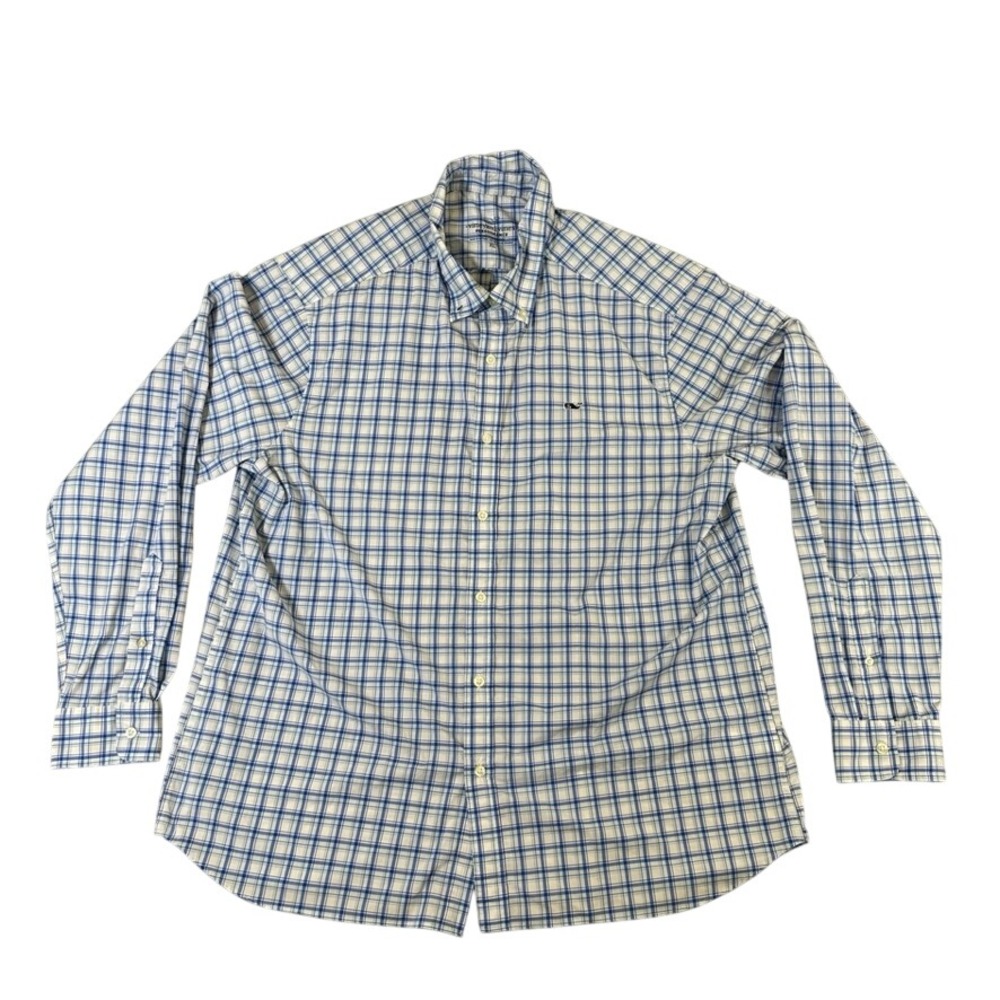Vineyard Vines Performance Shirt Mens XL Blue White Plaid Classic Fit Whale Logo